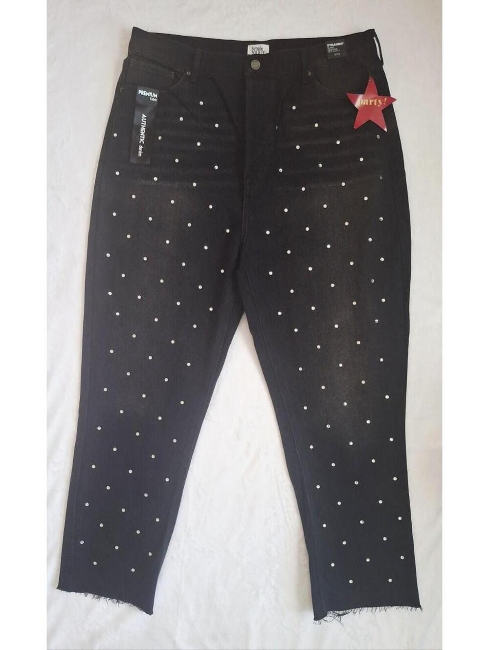 Simple Society Rhinestone High Rise Straight Leg Raw Hem Blk Jeans Jr's 17/33